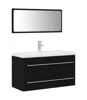 vidaXL Bathroom Sink Cabinet with Drawer Wall-mounted 3 pcs Black Oak — Size: 90 x 38.5 x 48 cm, Model: with faucet