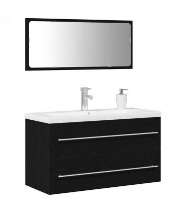 vidaXL Bathroom Sink Cabinet with Drawer Wall-mounted 3 pcs Black Oak — Size: 90 x 38.5 x 48 cm, Model: with faucet