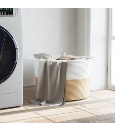 vidaXL Laundry Basket Beige and White Ø55x36 cm Cotton — Size: 55 x 36 cm
