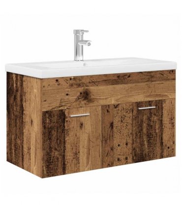 vidaXL Sink Cabinet with Built-in Basin Old Wood Engineered Wood — Size: 90 x 38.5 x 46 cm, Model: with faucet