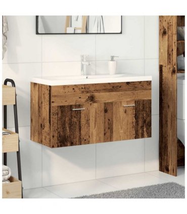 vidaXL Sink Cabinet with Built-in Basin Old Wood Engineered Wood — Size: 90 x 38.5 x 46 cm, Model: with faucet