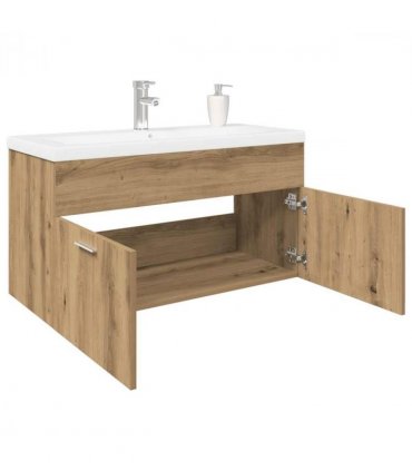 vidaXL Sink Cabinet with Built-in Basin Artisan Oak Engineered Wood — Size: 90 x 38.5 x 46 cm, Model: with faucet