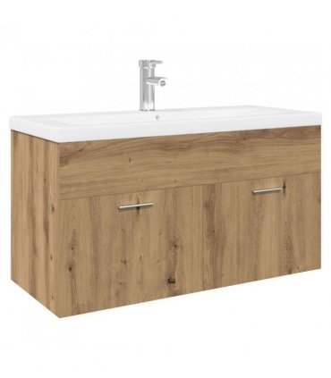 vidaXL Sink Cabinet with Built-in Basin Artisan Oak Engineered Wood — Size: 90 x 38.5 x 46 cm, Model: with faucet