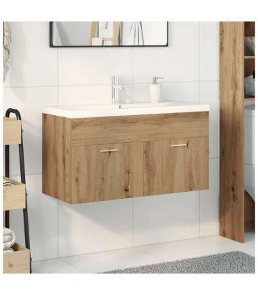 vidaXL Sink Cabinet with Built-in Basin Artisan Oak Engineered Wood — Size: 90 x 38.5 x 46 cm, Model: with faucet