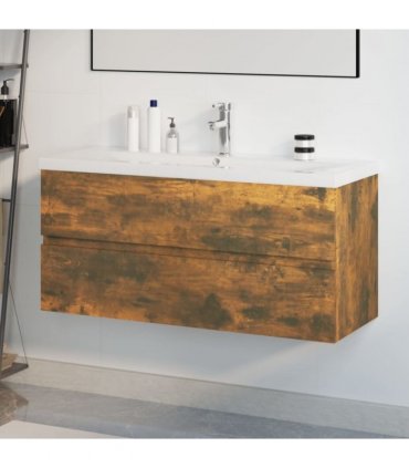 vidaXL Sink Cabinet with Built-in Basin Smoked Oak Engineered Wood — Size: 100 x 38.5 x 45 cm, Model: with faucet & drain