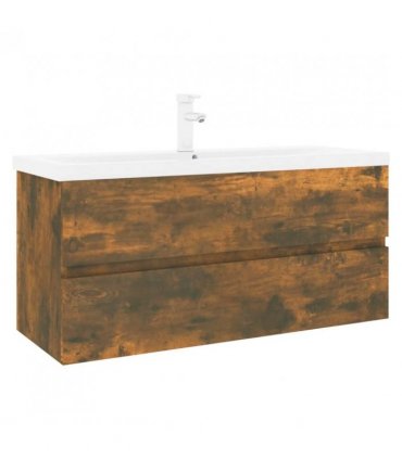 vidaXL Sink Cabinet with Built-in Basin Smoked Oak Engineered Wood — Size: 100 x 38.5 x 45 cm, Model: with faucet & drain