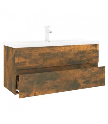 vidaXL Sink Cabinet with Built-in Basin Smoked Oak Engineered Wood — Size: 100 x 38.5 x 45 cm, Model: with faucet & drain