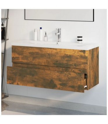 vidaXL Sink Cabinet with Built-in Basin Smoked Oak Engineered Wood — Size: 100 x 38.5 x 45 cm, Model: with faucet & drain