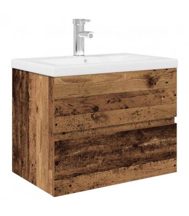 vidaXL Sink Cabinet with Built-in Basin and Faucet Old Wood — Size: 60 x 38.5 x 45 cm, Model: with faucet & drain