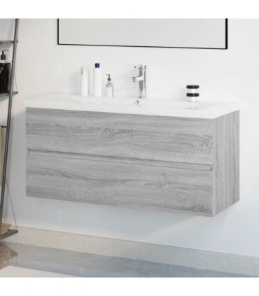 vidaXL Sink Cabinet with Built-in Basin Grey Sonoma Engineered Wood — Size: 100 x 38.5 x 45 cm, Model: with faucet & drain