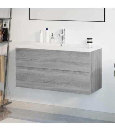 vidaXL Sink Cabinet with Built-in Basin Grey Sonoma Engineered Wood — Size: 90 x 38.5 x 45 cm, Model: with faucet & drain