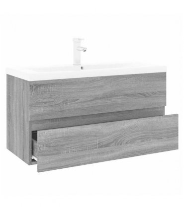 vidaXL Sink Cabinet with Built-in Basin Grey Sonoma Engineered Wood — Size: 90 x 38.5 x 45 cm, Model: with faucet & drain