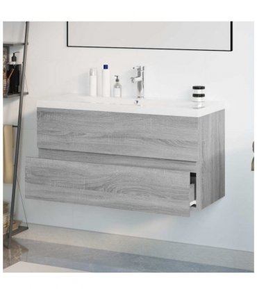 vidaXL Sink Cabinet with Built-in Basin Grey Sonoma Engineered Wood — Size: 90 x 38.5 x 45 cm, Model: with faucet & drain