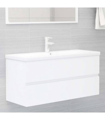 vidaXL Sink Cabinet with Built-in Basin White Engineered Wood — Size: 100 x 38.5 x 45 cm, Model: with faucet & drain