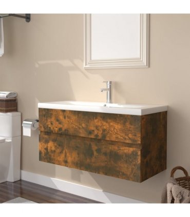 vidaXL Sink Cabinet with Built-in Basin Smoked Oak Engineered Wood — Size: 90 x 38.5 x 45 cm, Model: without faucet & drain