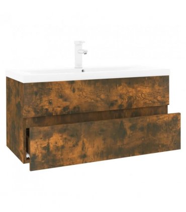 vidaXL Sink Cabinet with Built-in Basin Smoked Oak Engineered Wood — Size: 90 x 38.5 x 45 cm, Model: without faucet & drain