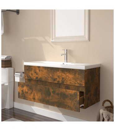 vidaXL Sink Cabinet with Built-in Basin Smoked Oak Engineered Wood — Size: 90 x 38.5 x 45 cm, Model: without faucet & drain