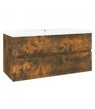 vidaXL Sink Cabinet with Built-in Basin Smoked Oak Engineered Wood — Size: 90 x 38.5 x 45 cm, Model: without faucet & drain