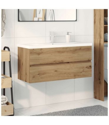 vidaXL Sink Cabinet with Built-in Basin and Faucet Artisan Oak — Size: 100 x 38.5 x 45 cm, Model: with faucet & drain