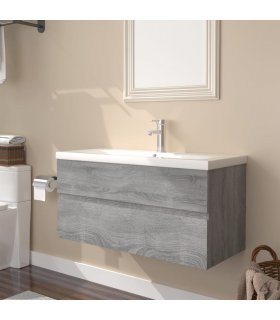 vidaXL Sink Cabinet with Built-in Basin Grey Sonoma Engineered Wood — Size: 90 x 38.5 x 45 cm, Model: without faucet & drain