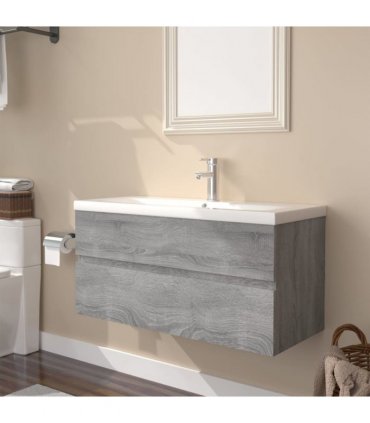 vidaXL Sink Cabinet with Built-in Basin Grey Sonoma Engineered Wood — Size: 90 x 38.5 x 45 cm, Model: without faucet & drain