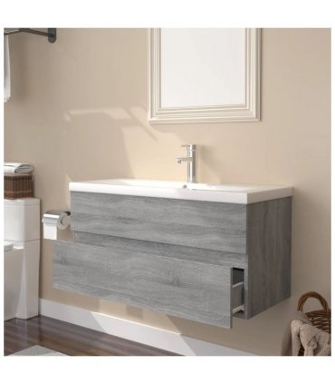 vidaXL Sink Cabinet with Built-in Basin Grey Sonoma Engineered Wood — Size: 90 x 38.5 x 45 cm, Model: without faucet & drain
