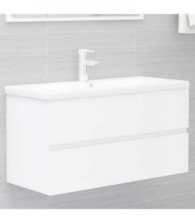 vidaXL Sink Cabinet with Built-in Basin White Engineered Wood — Size: 90 x 38.5 x 45 cm, Model: with faucet & drain