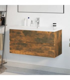 vidaXL Sink Cabinet with Built-in Basin Smoked Oak Engineered Wood — Size: 90 x 38.5 x 45 cm, Model: with faucet & drain