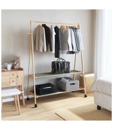 vidaXL Clothes Rack with Shelves and Wheels 132x45.5x155.5 cm Bamboo — Size: 132 cm, Model: with wheels