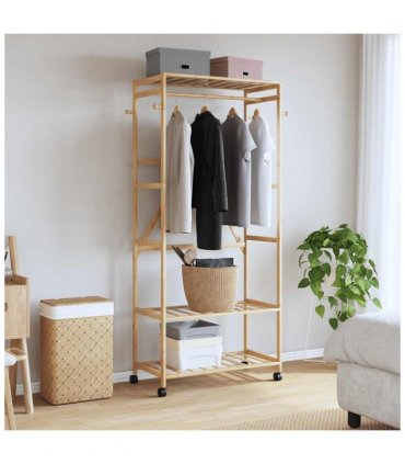vidaXL Clothes Rack with Shelves and Wheels 90x40x179.5 cm Bamboo — Size: 90 cm, Model: with wheels