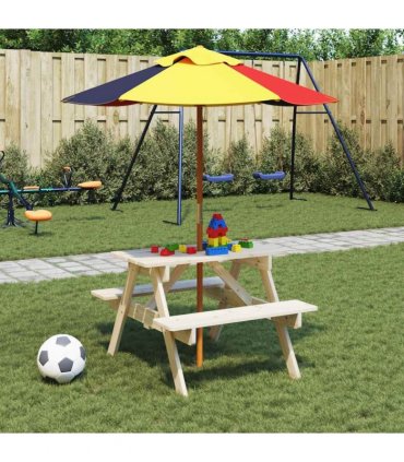 vidaXL Picnic Table for 4 Kids with Umbrella Hole Solid Wood Fir — Colour: natural
