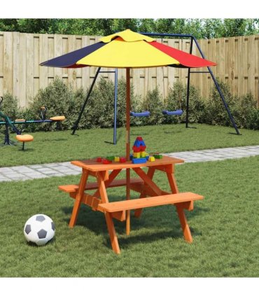 vidaXL Picnic Table for 4 Kids with Umbrella Hole Solid Wood Fir — Colour: dark brown