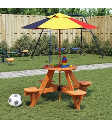 vidaXL Picnic Table for 4 Kids with Umbrella Hole Round Solid Wood Fir — Colour: dark brown