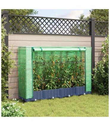 vidaXL Raised Bed with Greenhouse Cover Rattan Look 160x40x123 cm — Colour: blue grey, Size: 160 x 40 x 123 cm