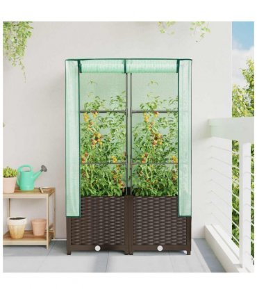 vidaXL Raised Bed with Greenhouse Cover Rattan Look 80x40x138 cm — Colour: brown, Size: 80 x 40 x 138 cm