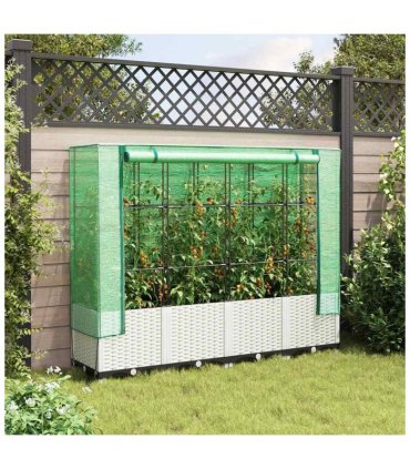 vidaXL Raised Bed with Greenhouse Cover Rattan Look 160x40x138 cm — Colour: white, Size: 160 x 40 x 138 cm
