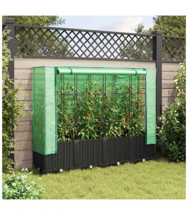 vidaXL Raised Bed with Greenhouse Cover Rattan Look 160x40x138 cm — Colour: black, Size: 160 x 40 x 138 cm