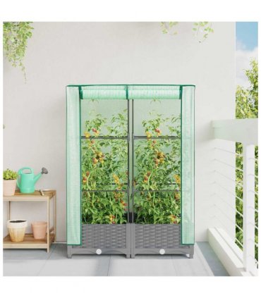 vidaXL Raised Bed with Greenhouse Cover Rattan Look 80x40x123 cm — Colour: light grey, Size: 80 x 40 x 123 cm