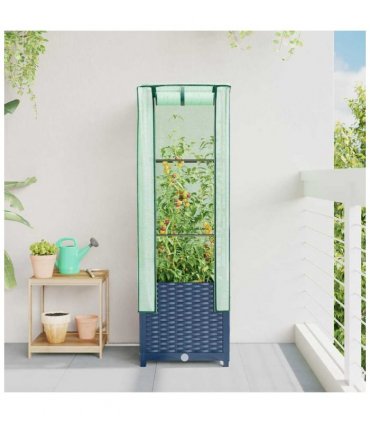 vidaXL Raised Bed with Greenhouse Cover Rattan Look 40x40x139 cm — Colour: blue grey, Size: 40 x 40 x 139 cm