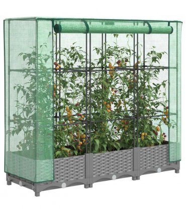 vidaXL Raised Bed with Greenhouse Cover Rattan Look 120x40x123 cm — Colour: light grey, Size: 120 x 40 x 123 cm