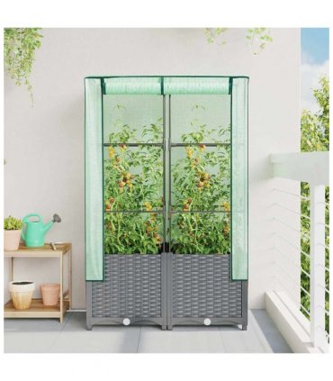 vidaXL Raised Bed with Greenhouse Cover Rattan Look 80x40x138 cm — Colour: light grey, Size: 80 x 40 x 138 cm