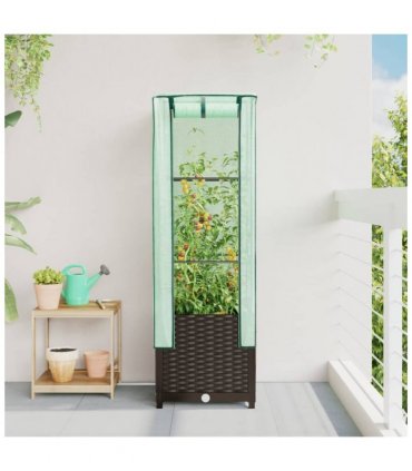 vidaXL Raised Bed with Greenhouse Cover Rattan Look 40x40x139 cm — Colour: brown, Size: 40 x 40 x 139 cm