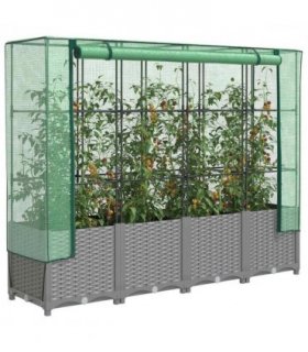 vidaXL Raised Bed with Greenhouse Cover Rattan Look 160x40x138 cm — Colour: light grey, Size: 160 x 40 x 138 cm