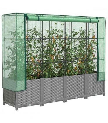 vidaXL Raised Bed with Greenhouse Cover Rattan Look 160x40x138 cm — Colour: light grey, Size: 160 x 40 x 138 cm