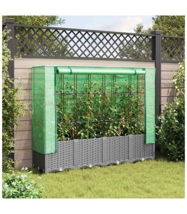 vidaXL Raised Bed with Greenhouse Cover Rattan Look 160x40x138 cm — Colour: light grey, Size: 160 x 40 x 138 cm