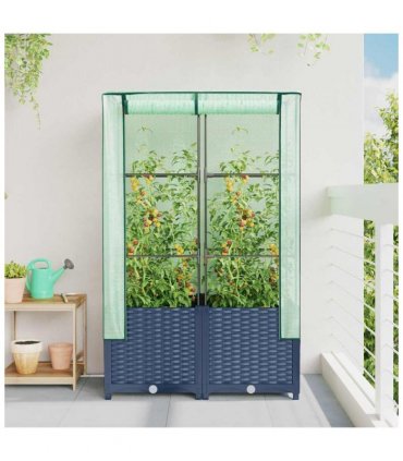 vidaXL Raised Bed with Greenhouse Cover Rattan Look 80x40x138 cm — Colour: blue grey, Size: 80 x 40 x 138 cm