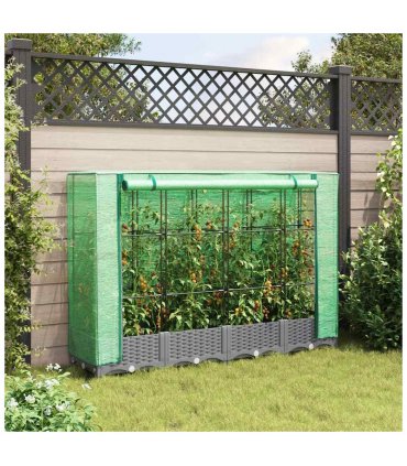 vidaXL Raised Bed with Greenhouse Cover Rattan Look 160x40x123 cm — Colour: light grey, Size: 160 x 40 x 123 cm