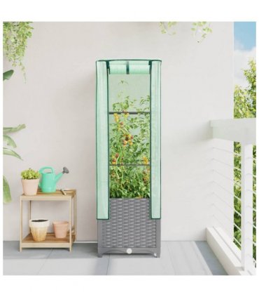 vidaXL Raised Bed with Greenhouse Cover Rattan Look 40x40x139 cm — Colour: light grey, Size: 40 x 40 x 139 cm