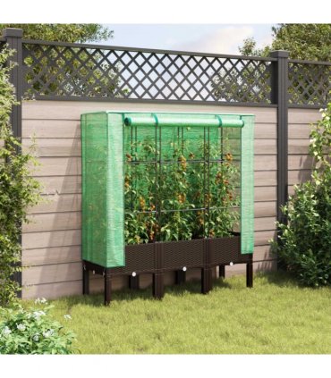 vidaXL Raised Bed with Greenhouse Cover Rattan Look 120x40x140 cm — Colour: brown, Size: 120 x 40 x 140 cm