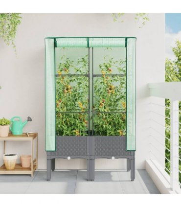 vidaXL Raised Bed with Greenhouse Cover Rattan Look 80x40x140 cm — Colour: light grey, Size: 80 x 40 x 140 cm
